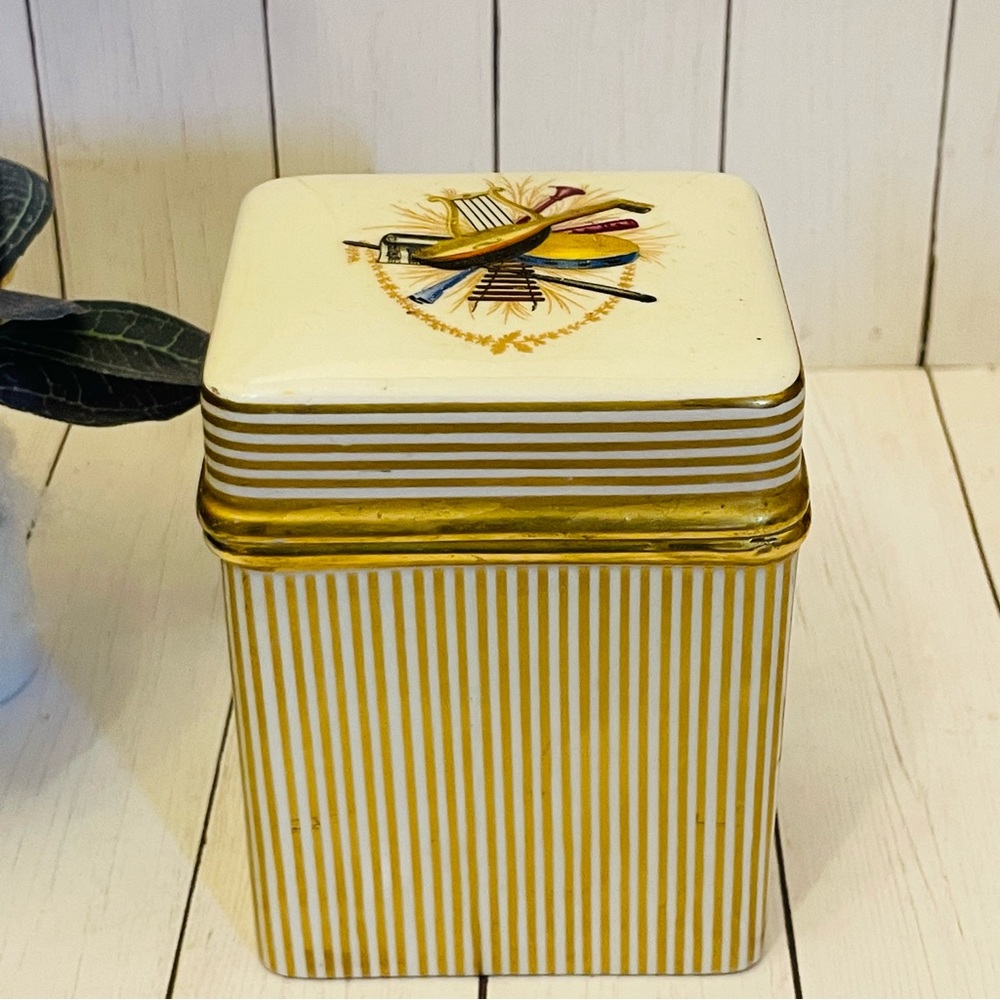 Vintage Ceramic Italian Gold Edge Stripe Tambourine Lyre Music Lidded box